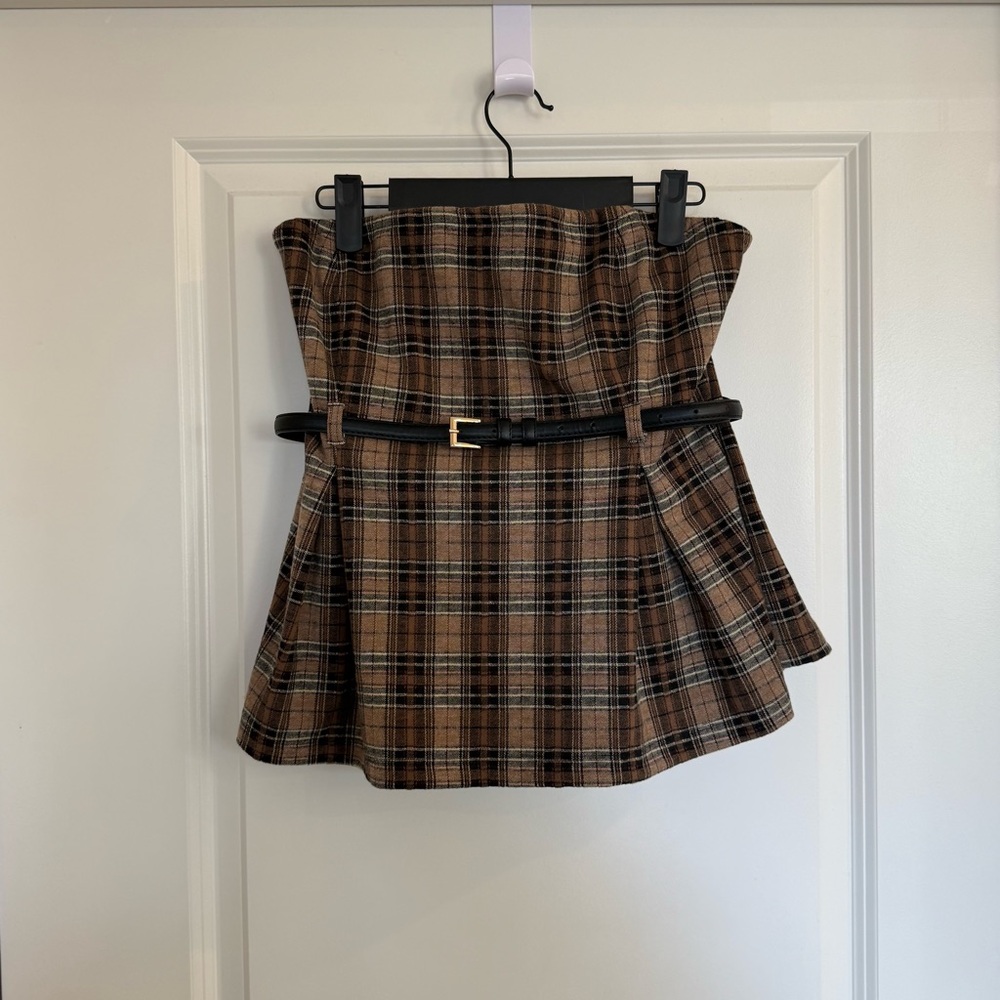 Maeve Belted Strapless Tube Top-Plaid - Picture 4 of 11